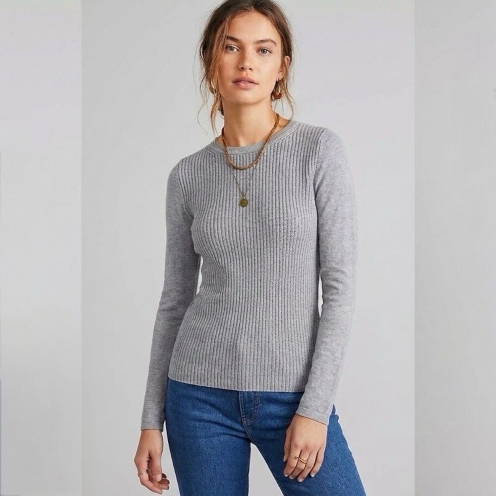 Banana Republic Women Crew Neck Sweater Small Gray Heather Ribbed Cashmere Blend